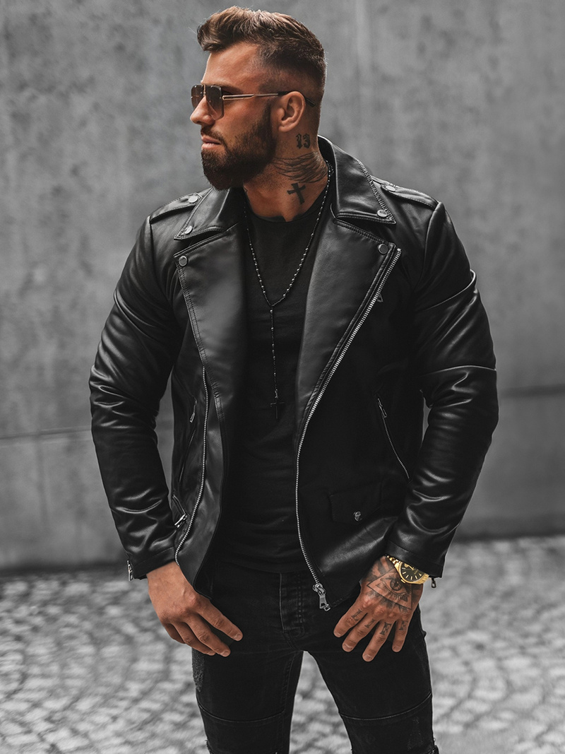 Férfi bőrdzseki fekete OZONEE JS/11Z8014