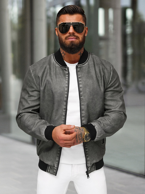 Férfi bőrdzseki grafit OZONEE JS/11Z8107