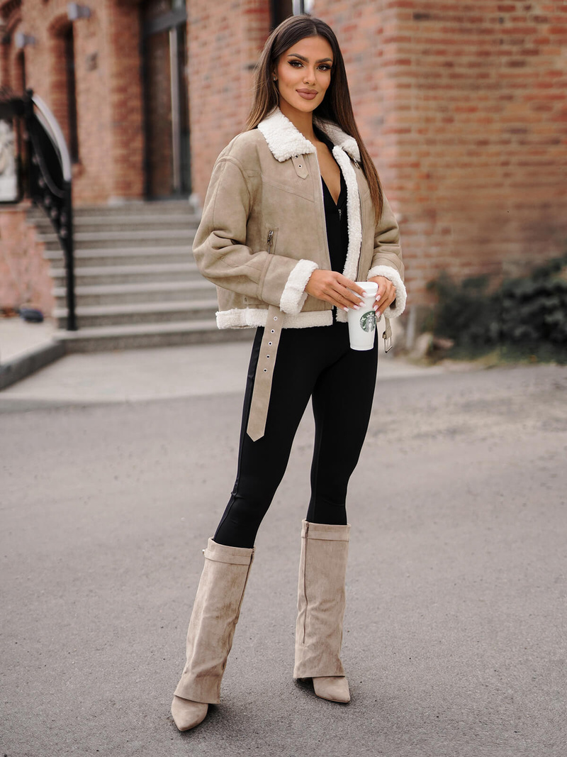 Női Bőrdzseki Bézs OZONEE O/81331