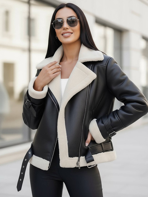 Női bőrdzseki fekete-fehér OZONEE JS/11Z8177Z