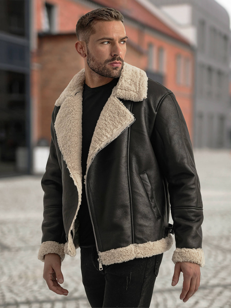 Férfi bőrdzseki fekete OZONEE JS/11Z8273