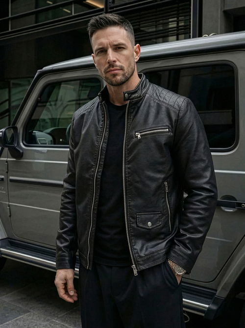 Férfi bőrdzseki fekete OZONEE JS/11Z8021