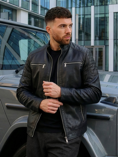 Férfi bőrdzseki fekete OZONEE JS/11Z8137