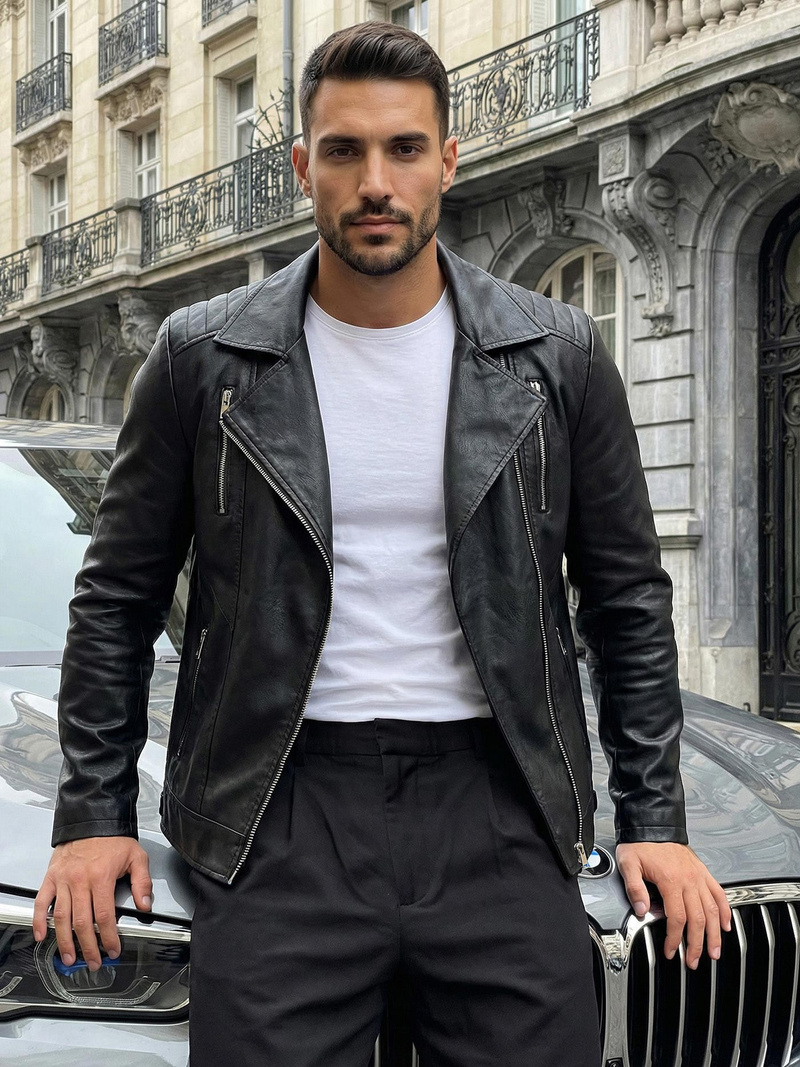 Férfi bőrdzseki fekete OZONEE JS/11Z8067Z