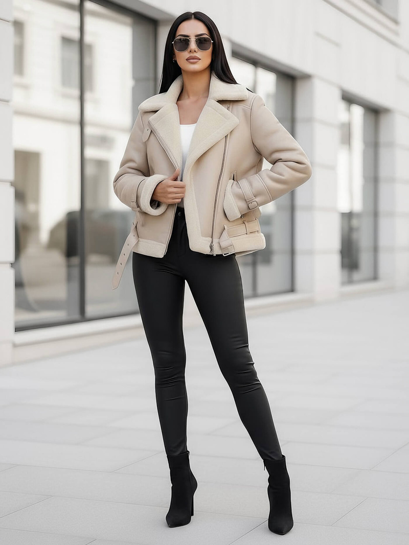 Női Bőrdzseki Bézs OZONEE JS/11Z8177Z