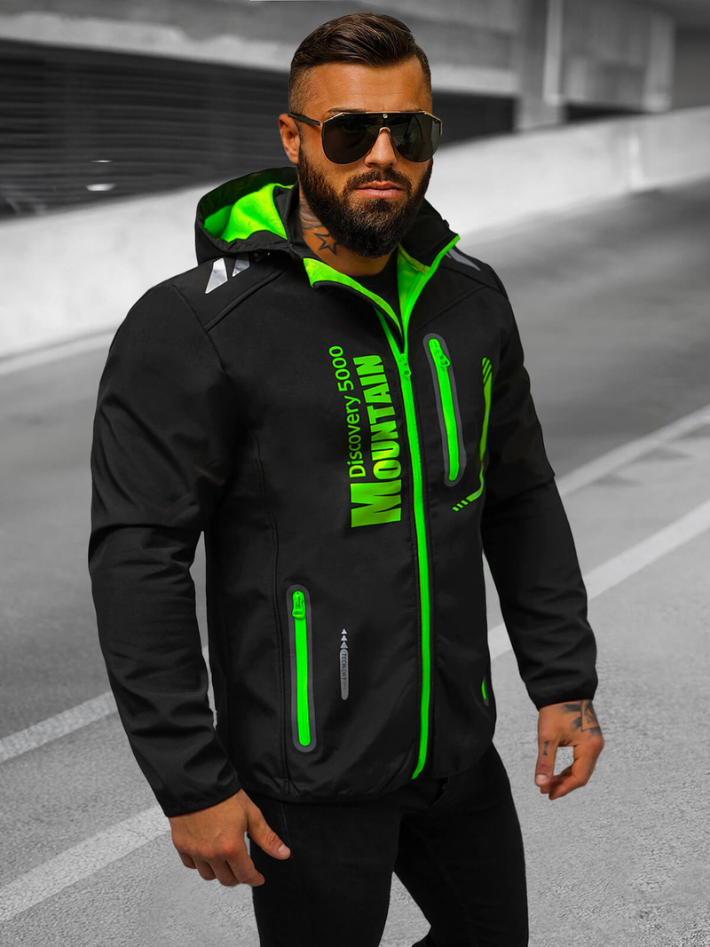 Férfi kapucnis softshell kabát fekete-zöld OZONEE JS/HH026/1A