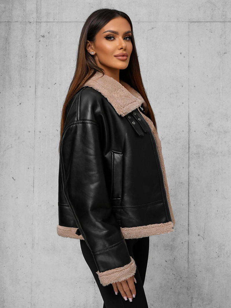 Női bőrdzseki fekete-bézs OZONEE JS/11Z8176Z