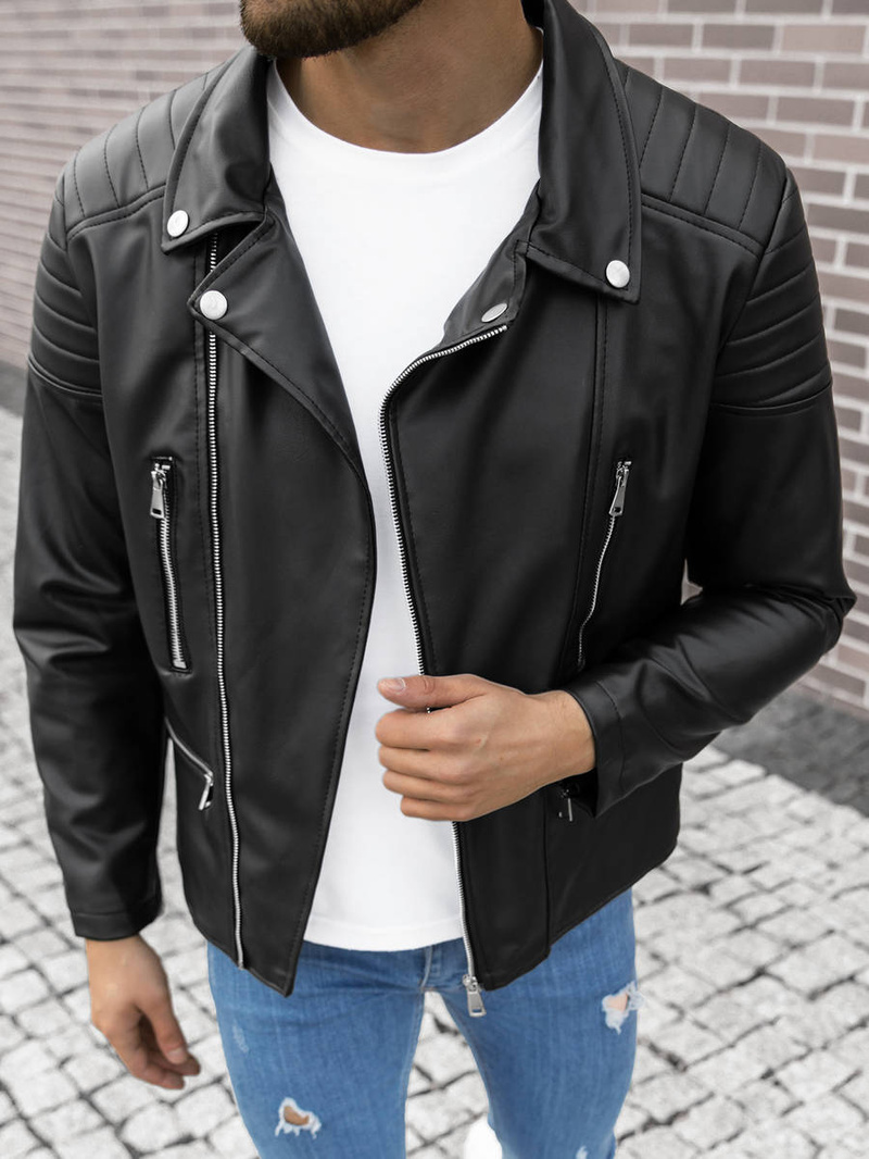 Férfi bőrdzseki fekete OZONEE O/5623