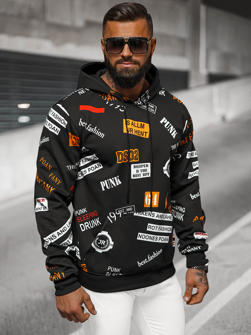 Férfi kapucnis pulóver fekete OZONEE JS/8B1250/3