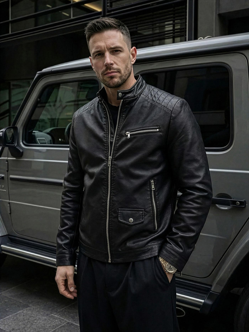 Férfi bőrdzseki fekete OZONEE JS/11Z8021