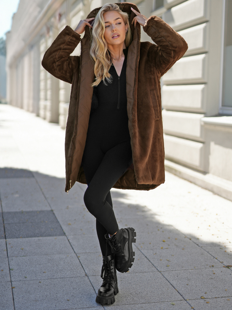 Női hosszú téli kabát csokoládé OZONEE JS/5M3352/158