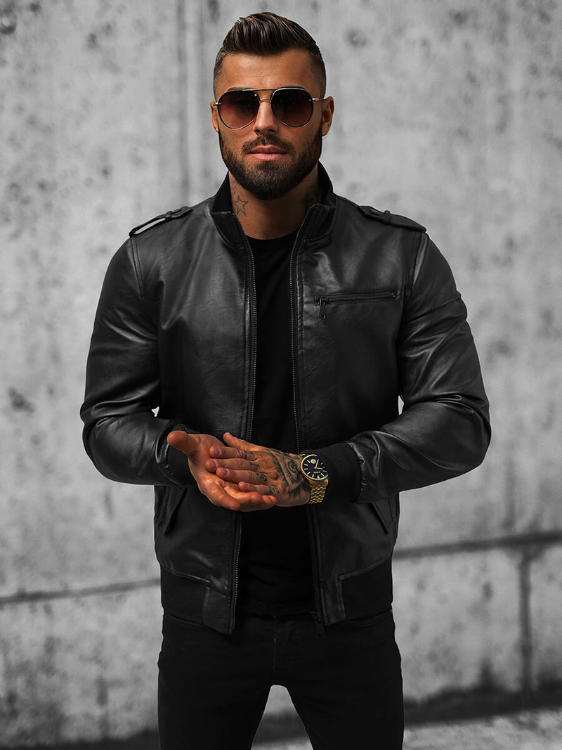 Férfi bőrdzseki fekete OZONEE O/8907