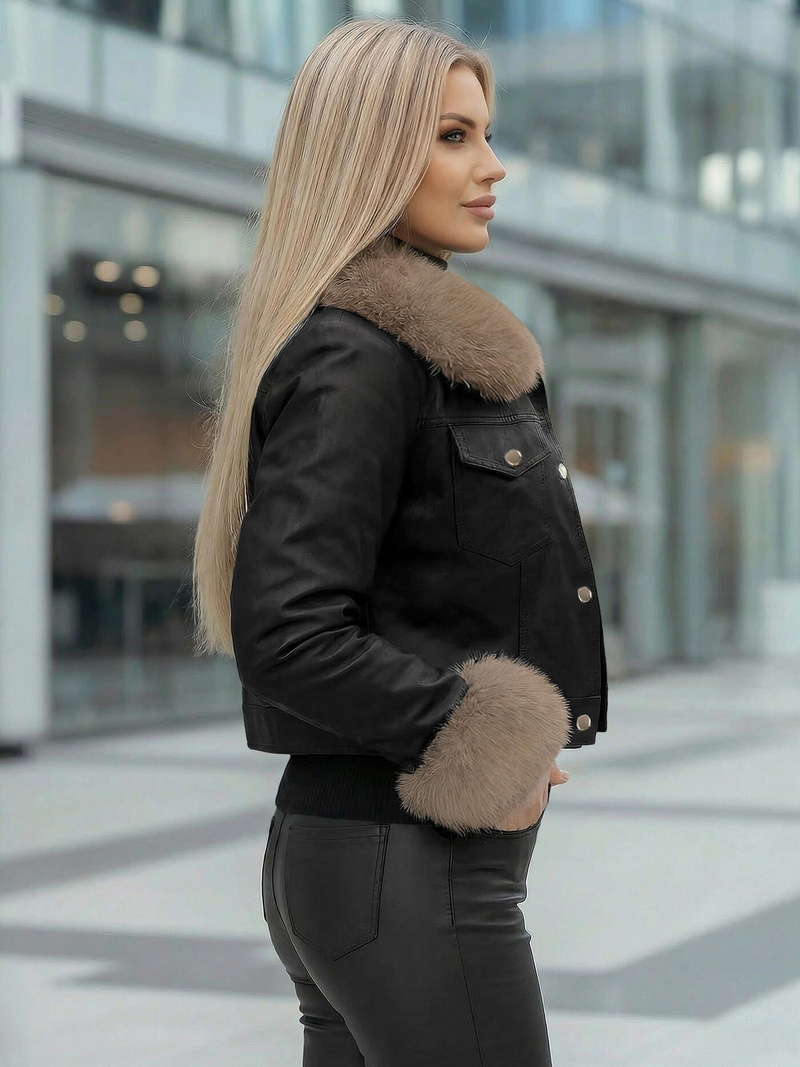 Női bőrdzseki fekete-bézs OZONEE JS/61M8513/392B