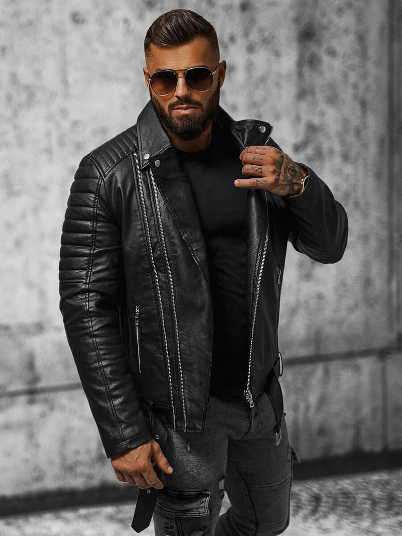 Férfi bőrdzseki fekete OZONEE JS/11Z8005Z