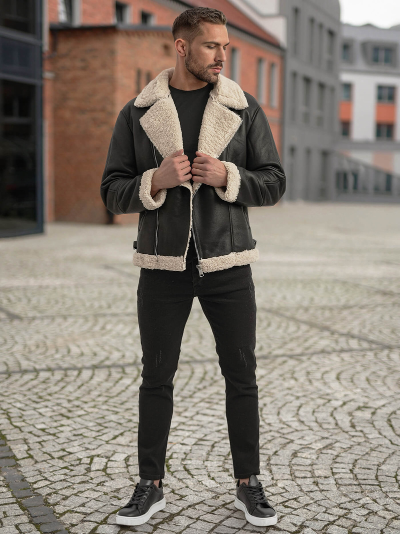 Férfi bőrdzseki fekete OZONEE JS/11Z8273