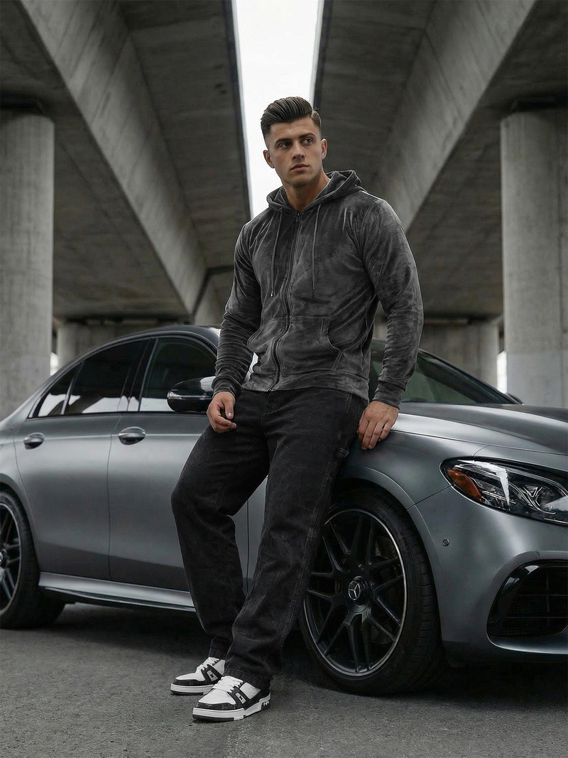 Férfi velúr kapucnis pulóver grafit OZONEE JS/8B1168/6Z