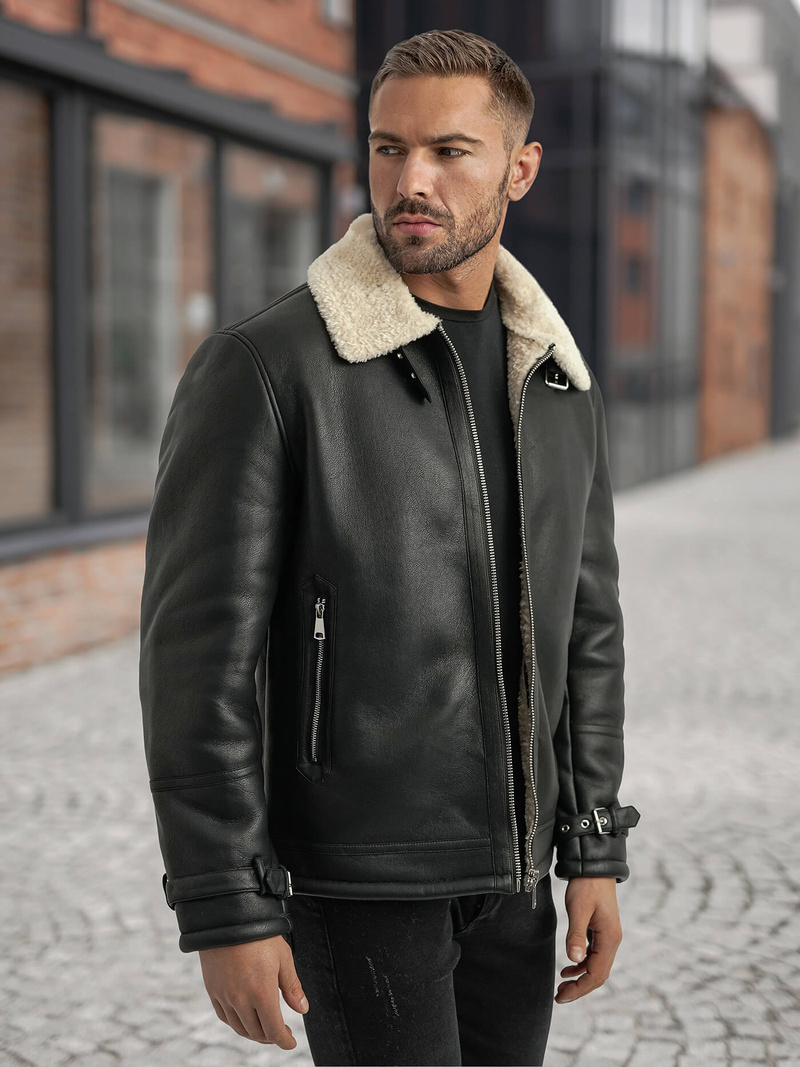 Férfi bőrdzseki fekete OZONEE JS/11Z8271