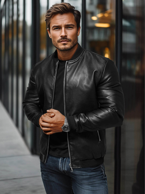 Férfi bőrdzseki fekete OZONEE JS/11Z8106Z