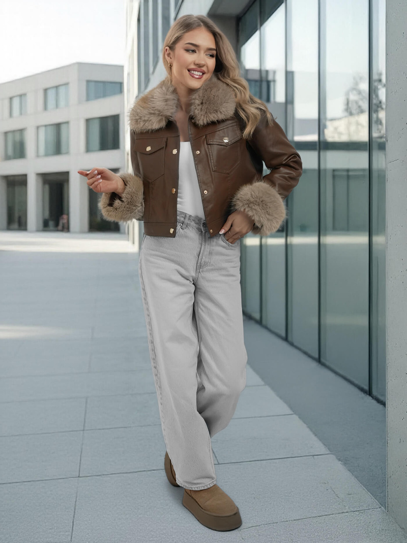 Női bőrdzseki csokoládé OZONEE JS/61M8513/158