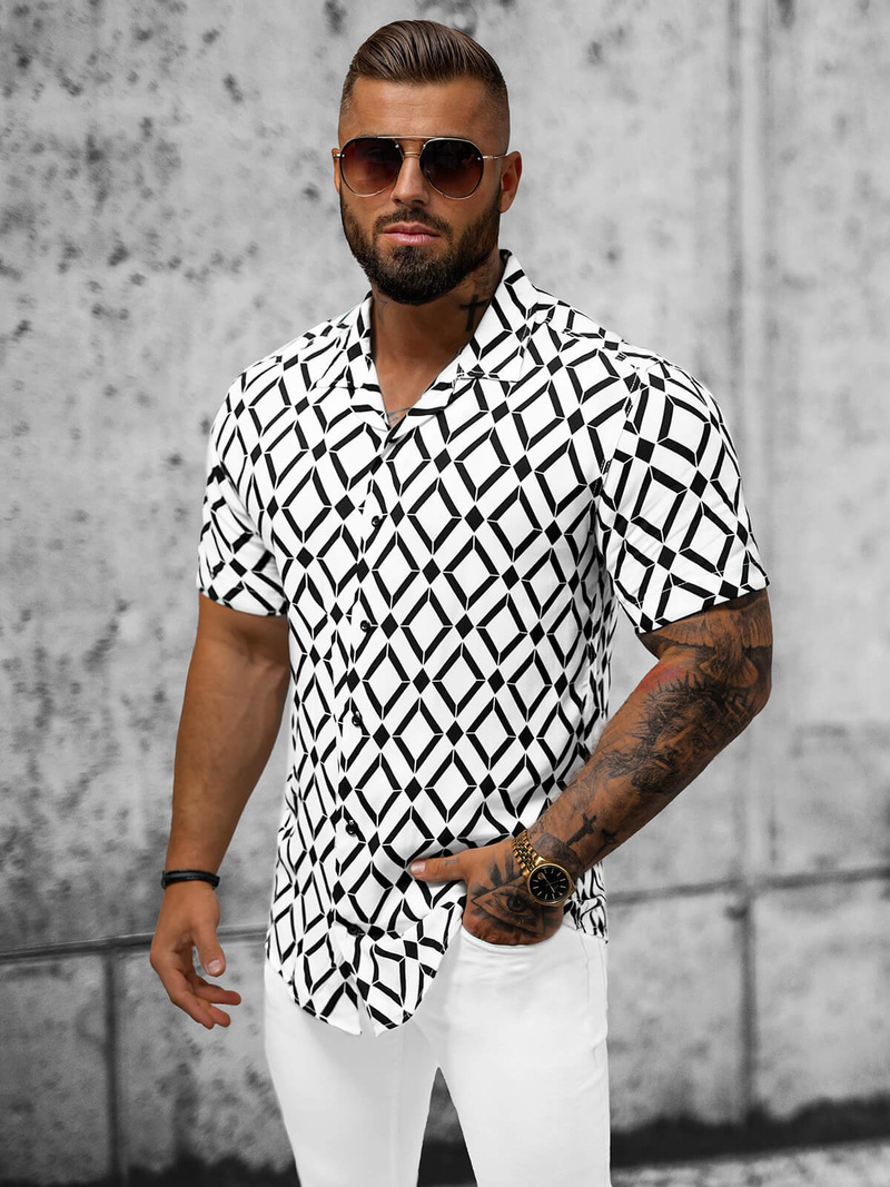 Férfi ing rövid ujjal fehér–fekete OZONEE E/1400/139Z