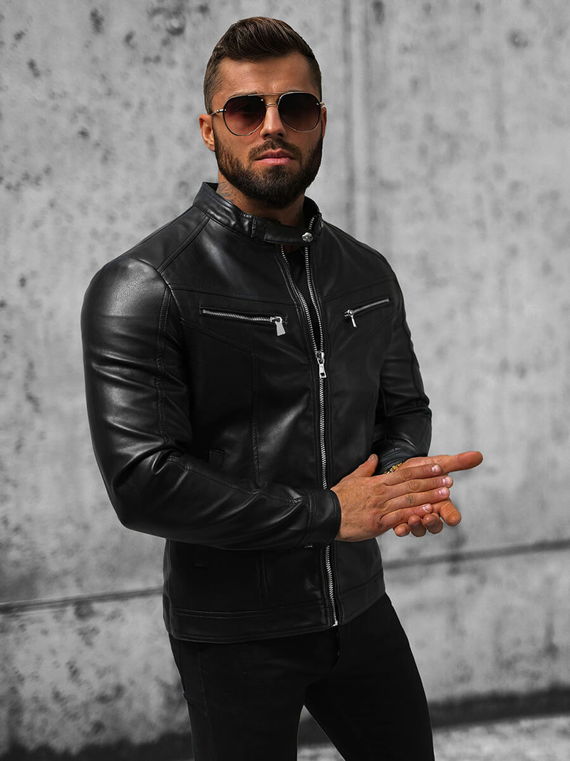 Férfi bőrdzseki fekete OZONEE JS/11Z8016