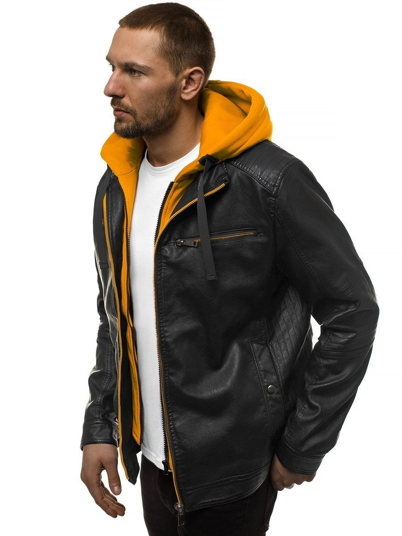 Férfi bőrdzseki fekete-sárga OZONEE N/6129Z