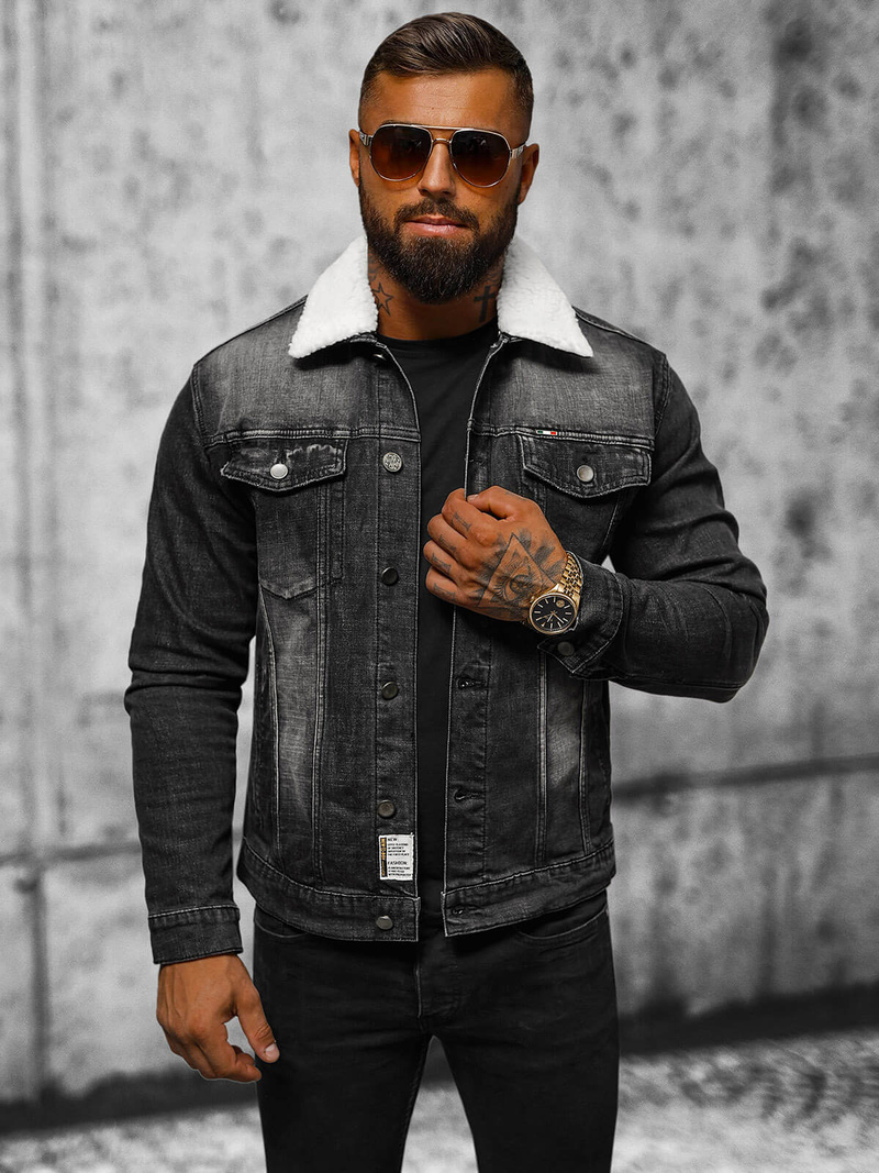 Férfi farmer dzseki SHERPA fekete OZONEE NB/MJ516NZ