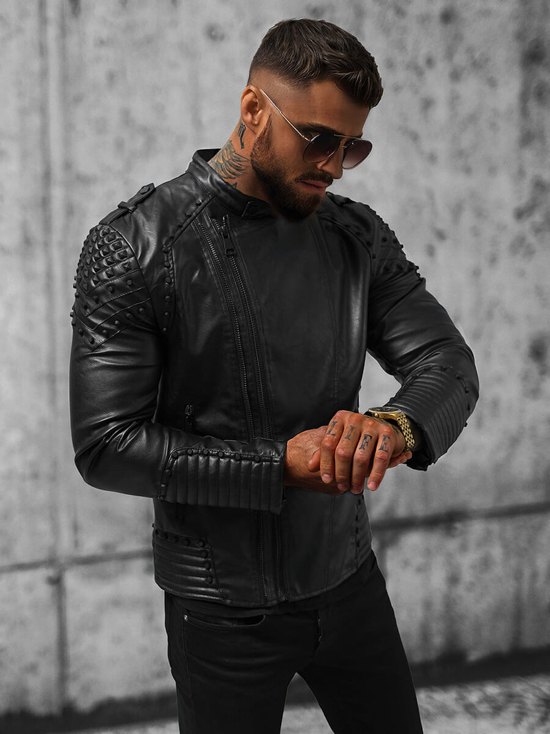 Férfi bőrdzseki fekete OZONEE O/8901