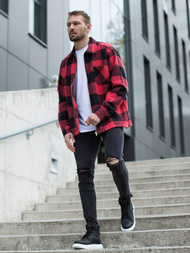 Férfi kockás ing kabát piros OZONEE O/DR2021