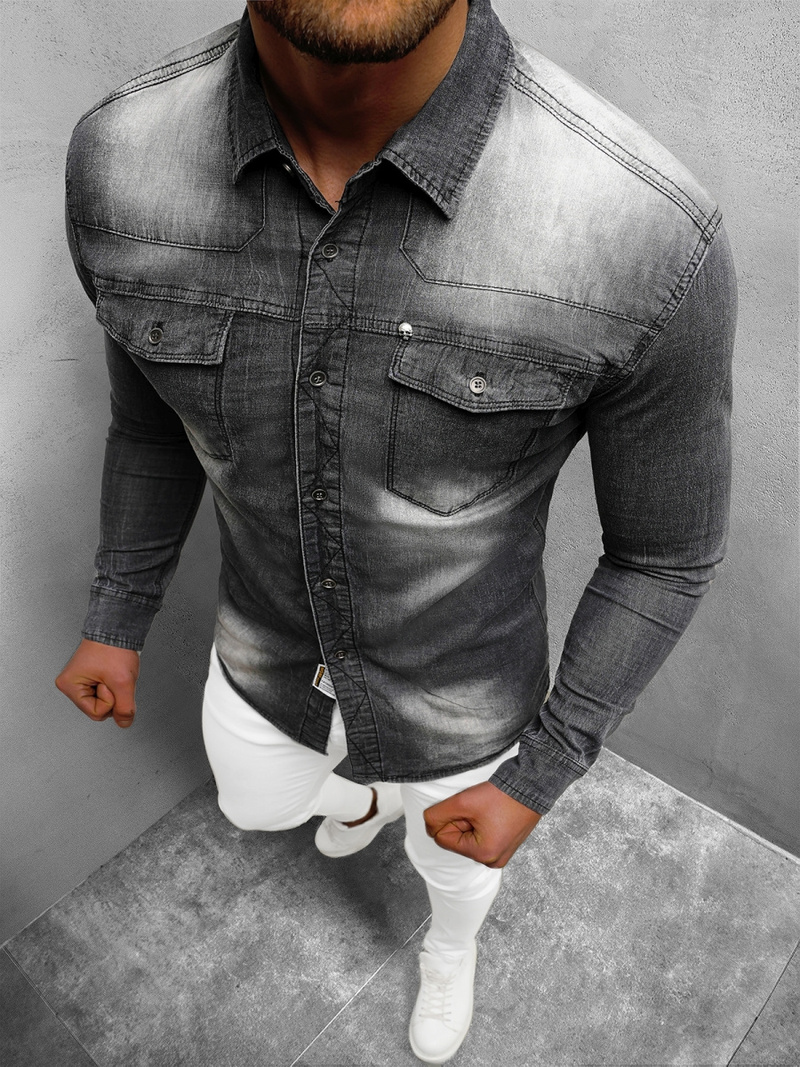 Férfi Farmer Ing Fekete OZONEE NB/MC703N