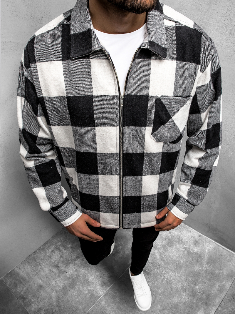 Férfi kockás ing kabát fekete-fehér OZONEE O/DR2021