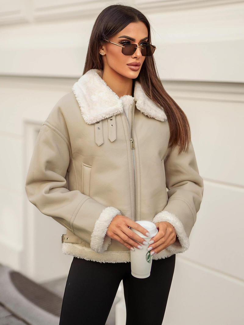 Női Bőrdzseki Bézs OZONEE JS/11Z8178