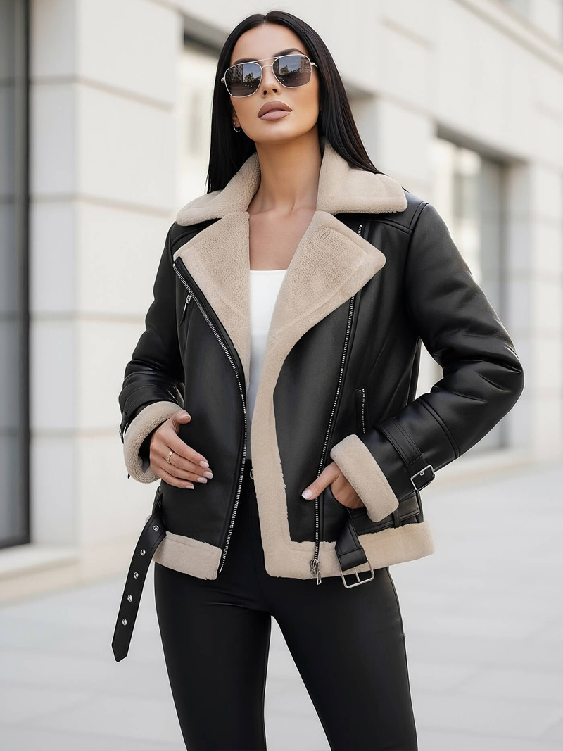 Női bőrdzseki fekete-bézs OZONEE JS/11Z8177Z