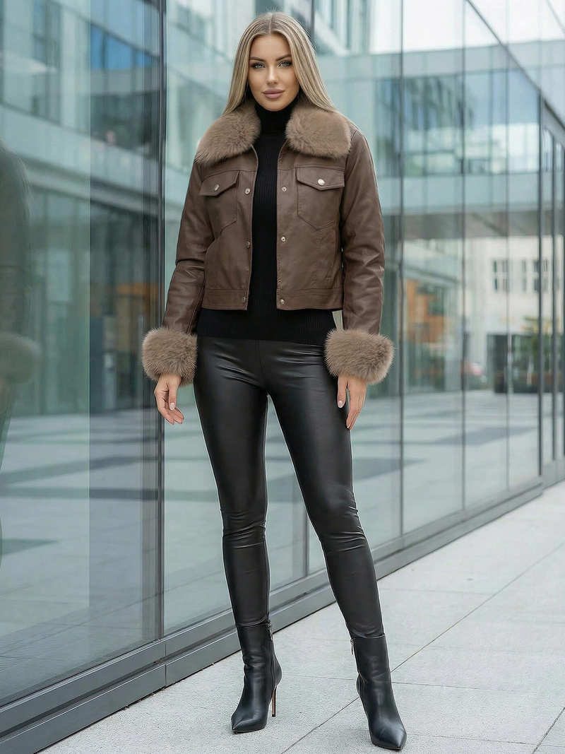 Női bőrdzseki csokoládé OZONEE JS/61M8513/158