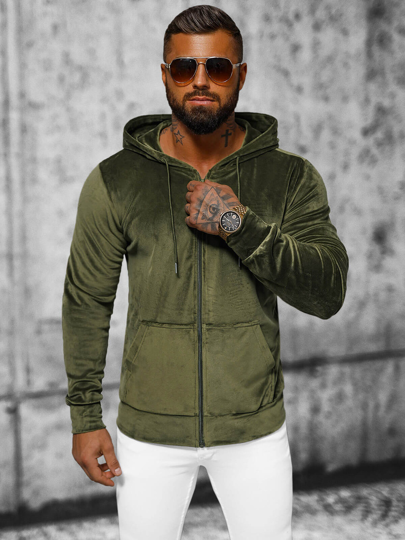 Férfi velúr kapucnis pulóver khaki OZONEE JS/8B1168/29