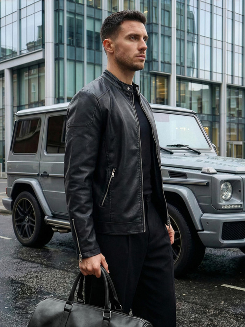 Férfi bőrdzseki fekete OZONEE JS/11Z8027