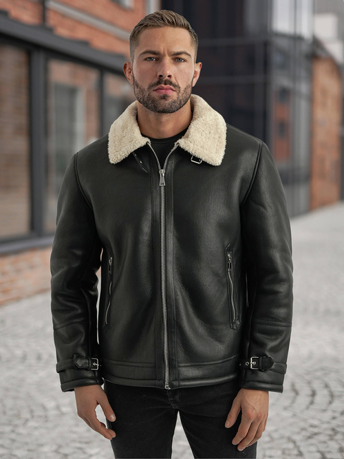 Férfi bőrdzseki fekete OZONEE JS/11Z8271