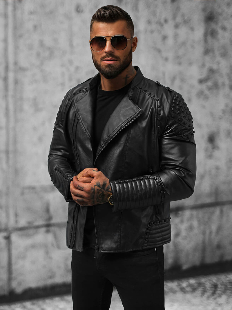 Férfi bőrdzseki fekete OZONEE O/8901