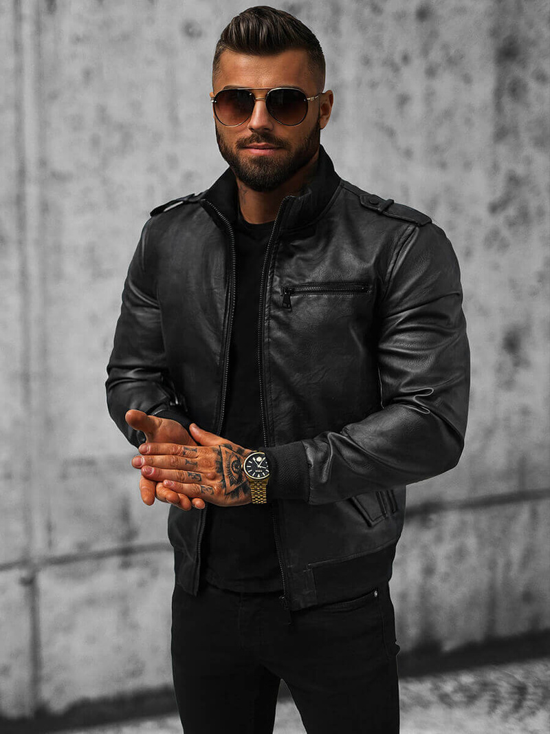 Férfi bőrdzseki fekete OZONEE O/8907