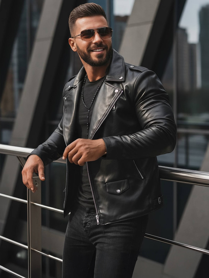 Férfi bőrdzseki fekete OZONEE JS/11Z8014Z