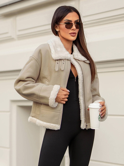 Női Bőrdzseki Bézs OZONEE JS/11Z8178