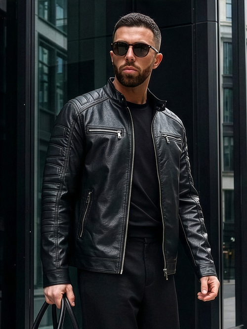 Férfi bőrdzseki fekete OZONEE JS/11Z8138