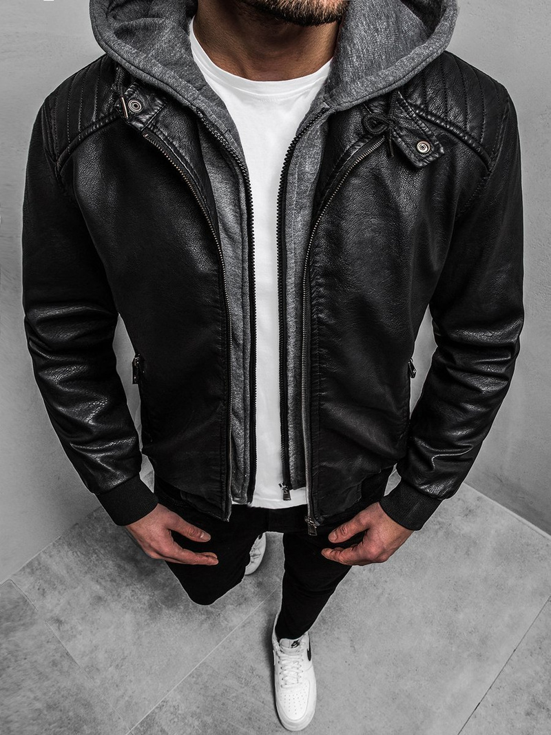 Férfi bőrdzseki fekete OZONEE RF/HK01Z