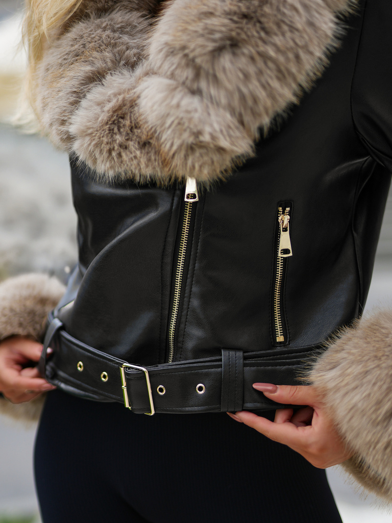 Női bőrdzseki fekete-bézs OZONEE JS/61M8511/392B