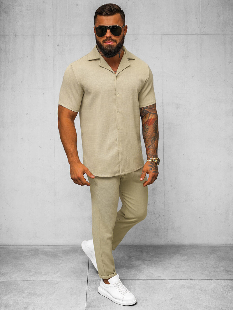 Férfi ing rövid ujjal bézs OZONEE O/Y971T