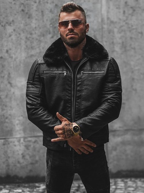 Férfi bőrdzseki fekete OZONEE JS/11Z8013Z