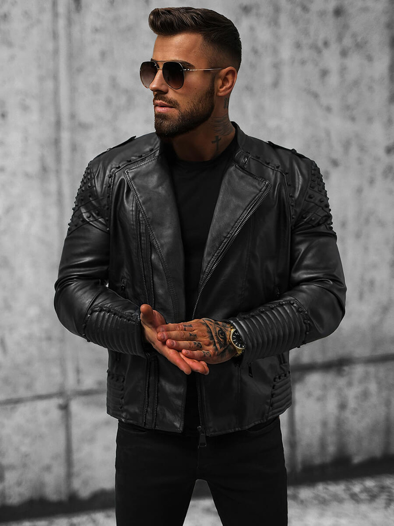 Férfi bőrdzseki fekete OZONEE O/8901