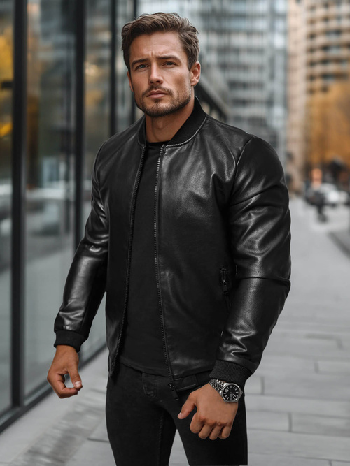 Férfi bőrdzseki fekete OZONEE JS/11Z8105Z