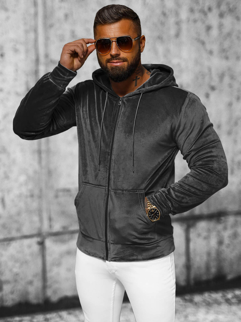 Férfi velúr kapucnis pulóver grafit OZONEE JS/8B1168/6