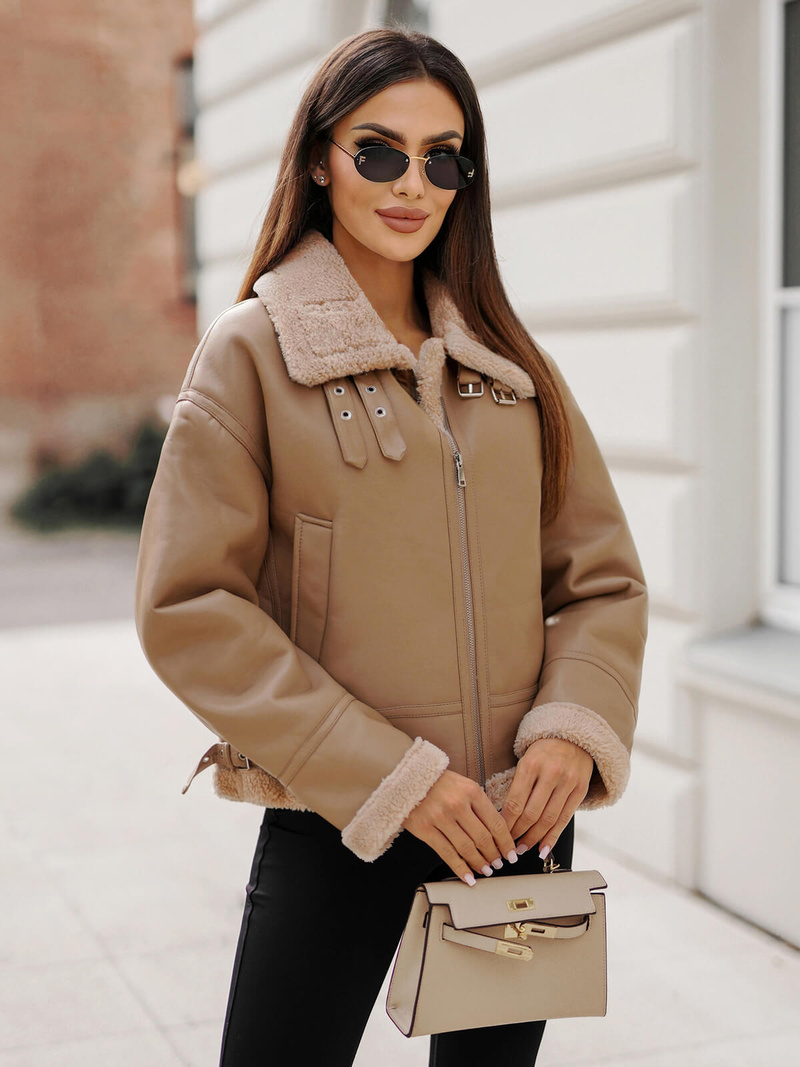 Női Bőrdzseki Bézs OZONEE JS/11Z8176